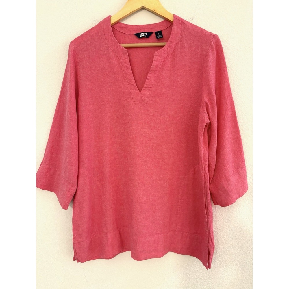 Lands End Womens Blouse 3/4 Sleeve Linen Blend Pockets Pink Sz S